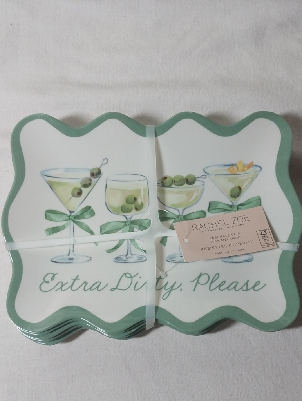 Rachel Zoe Melamine Appetizer Plates Extra Dirty Martini 🍸 Set of 6 NEW!